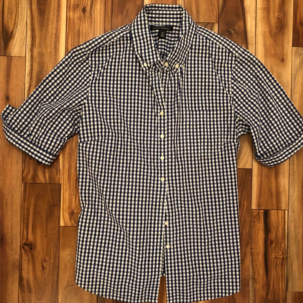 Blue check button down.